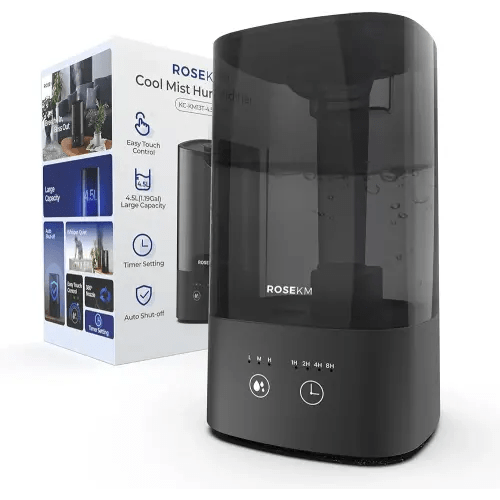 Humidifiers for Bedroom Large Room, 4.5L Cool Mist Humidifier for Home & Plant with Timer, Last Up to 18H on Max Mist Setting, Auto Shut-Off, Auto-Off Indicator, 360° Nozzle (Black)