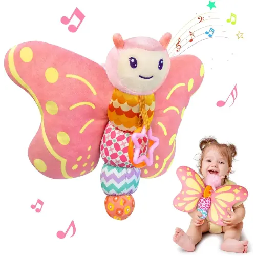 Baby Toys 0-6 Months,Infant Musical Sensory Stuffed Animal with Squeaker,Rattle,Crinkle Wings,Teether & Hanging Ring,Tummy Time Toy for Newborn 0-3-6-12 Months Boys & Girls Gift,Butterfly,Pink