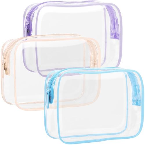 F-color TSA Approved Toiletry Bag 3 Pack Clear Toiletry Bags - Clear Makeup for Women, Quart Size Travel Bag, Carry on Airport Airline Compliant Bag, Macaron Blue Pink Purple(for age 12 or above)