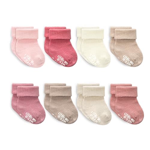 Little Me Baby Socks 16 Pairs | 61% Organic Cotton | Sizes 0-12M & 12-24M | Seamless Toe & Anti-Slip Gripper Sole