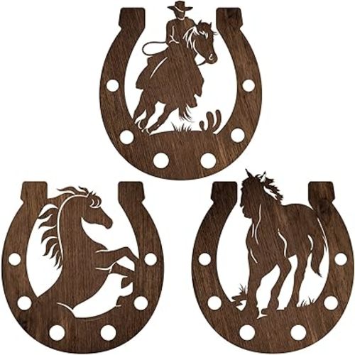 3 Pcs Western Wall Decor Horseshoe Wood Wall Art Decor Cowboy Party Decorations Rustic Horse Shoes Decoration Hanging Western Country Cowboy Decorations for Home Bedroom Bathroom