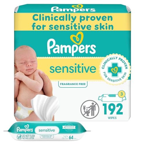 Pampers Baby Wipes Sensitive, Water Based Wipes, Hypoallergenic and Unscented Wipes, 192 Wipes Total (3 Refill Packs)