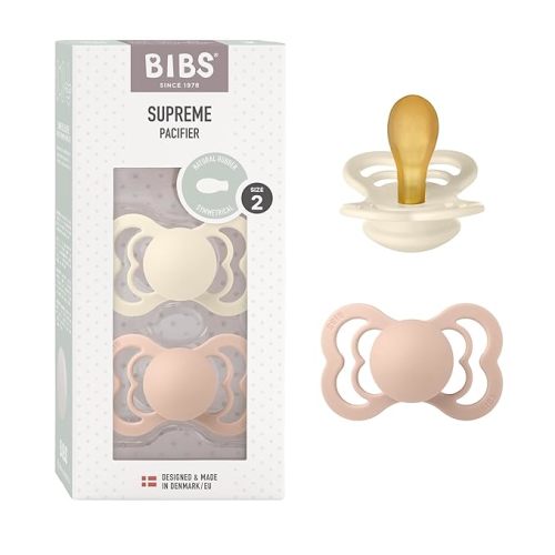 BIBS Supreme Baby Pacifier 2-Pack | Made in Denmark | BPA Free Dummy Soother, Symmetrical Nipple. Natural Rubber Latex, Size 1 (0-6 Months), Ivory / Blush