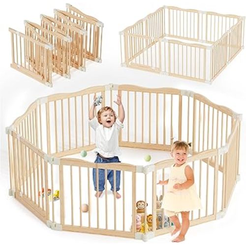 Foldable Wooden Playpen - Adjustable Wood Baby Play Yard with Child-Proof Lock, Indoor Large Safety Fence for Babies and Toddlers - Easy Assembly, 8 Panels