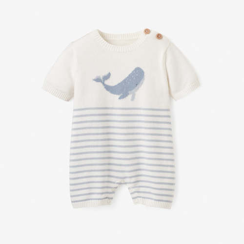 Whale Striped Knit Shortall Romper BLUE / 3-6M