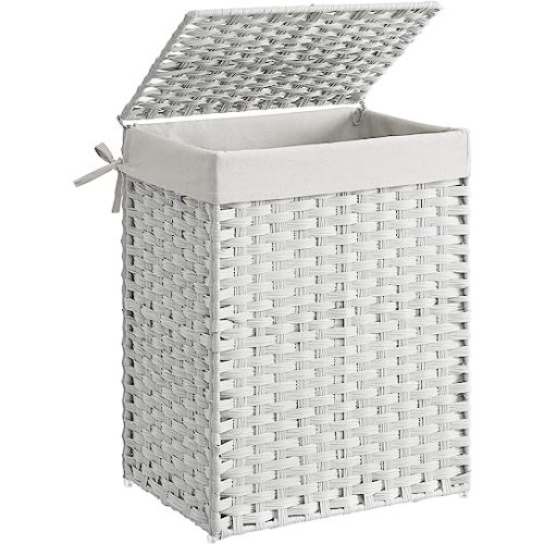 SONGMICS Handwoven Laundry Hamper, 23.8 Gal (90L) Synthetic Rattan Clothes Laundry Basket with Lid and Handles, Foldable, Removable Liner Bag, White ULCB51WT