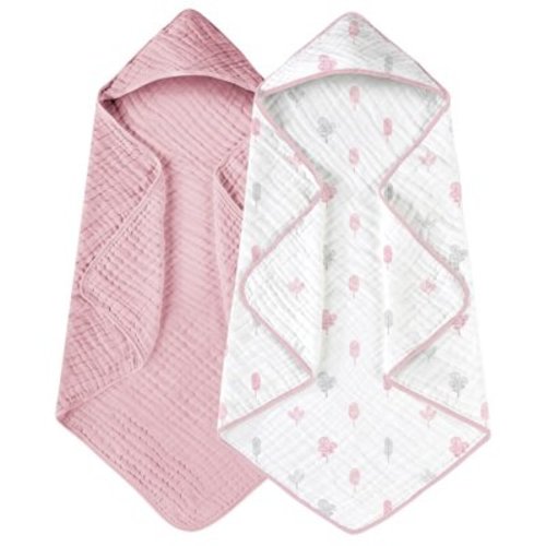 Hooded Baby Towels for Newborn 2 Pack 100% Muslin Cotton Baby Bath Towel with Hood for Babies, Infant, Toddler and Kids, Large 32x32Inch, Soft and Absorbent Newborn Essential