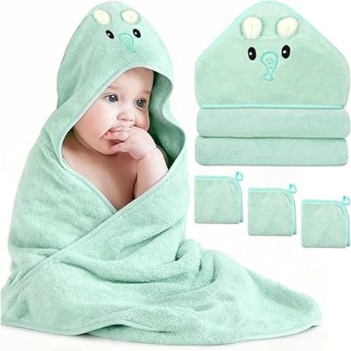 4 PCS Baby Towel Set, Hooded Bath Towel for Infants, Toddlers and Kids, Soft Animal Baby Bath Towels & 3 PCS Washcloths, 32x32 in Hooded Baby Bath Towel for Boy and Girl (Green Elephant)