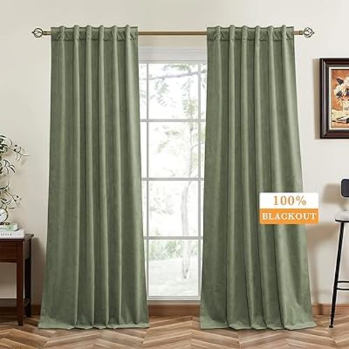 RYB HOME Sage Green Blackout Velvet Curtains 96 inches Long, Total Light Blocking Room Darkening Thermal Insulated Back Tab Curtains for Nursery Bedroom, Sage Green, 52W x 96L, 2 Panels