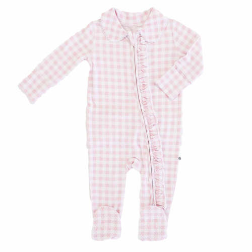 Peter Pan Collar Ruffle Zipper Footie | Rosy Gingham