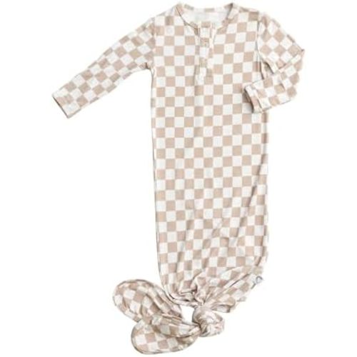 Checkered Knotted Gown Baby Newborn, Viscose derived from Bamboo, Infant Sleeper with Mittens, Baby Girl, Baby Boy