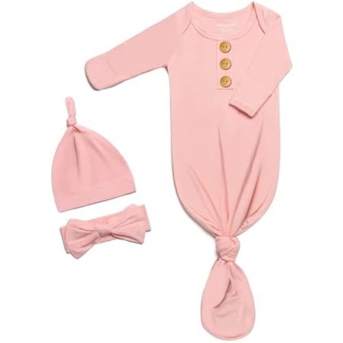 Soft Newborn Knotted Gown with Hairband and Hat, Baby Boy Girl Coming Home Outfit, Sleeper Baby Sleep Gown with Mittens