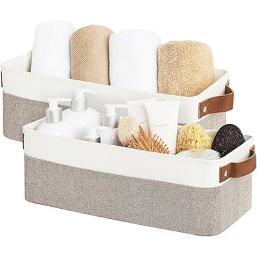 StorageWorks Narrow Storage Bins, Small Baskets for Organizing, Long Storage Basket with Handles, Fabric Storage Bins for Shelf, Brown and White, 2-Pack