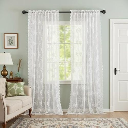 Kotile Ivory Floral Lace Curtains for Living Room 52 x 102 Inch, 2 Panels