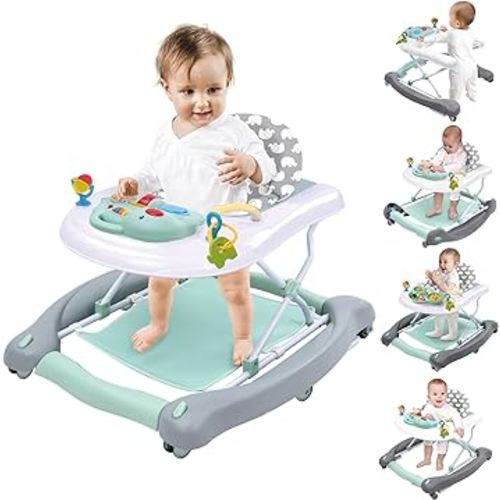 5 in 1 Foldable Baby Walker, Activity Baby Walker-Baby Bouncer, Rocker, Activity Center,Seat and Push Walker,Detachable Trampoline Mat, Adjustable Speed Rear Wheels and Height,Ages 6-18 Months(Blue)
