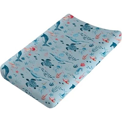Nautical Animals Life Changing Pad Covers Sea Turtle Whale Jellyfish Sea Horse Weeds Unisex Diaper Change Table Sheets for Boys Girls Soft Breathable Stretch Changing Pad Sheets 32''x16'' Blue
