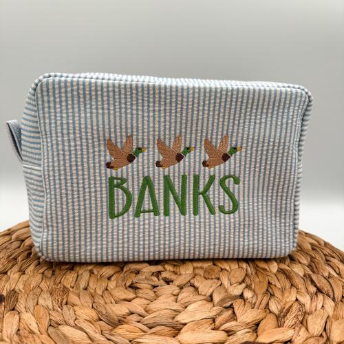 Mallard Duck Seersucker Boys Toiletry Bag, Embroidered Hunting Customized Name, Wildlife Personalized Monogram Travel Bag, Great Gift Idea
