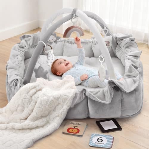 5-in-1 Convertible Baby Play Gym, Baby Play Mats for Floor, Tummy Time Mat with Blanket and 6 Sensory Toys, Baby Activity Center from Newborn to Toddler, Ball Pit, Plush Pet Mat(Grey)