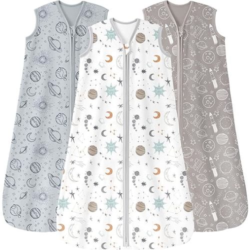 Baby Sleep Sack 0-6 Months 3 Pack 100% Cotton Lightweight 0.5 TOG Wearable Blanket Baby Sleep Bag with 2-Way Zipper for Newborn Infant White Gray Blue Space