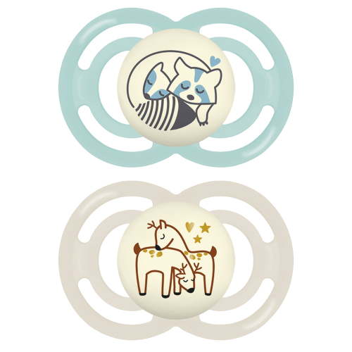 MAM Perfect Night Pacifier for Boys 6+ Months Glow in Dark with Self-Sterilizing Case 2 Pack
