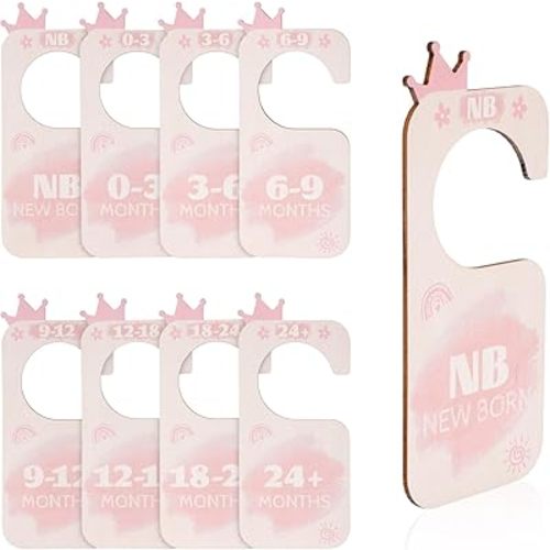 8pcs Wooden Baby Closet Dividers, Basswood Newborn Wardrobe Organizer Double-Side Baby Hanger Dividers by Clothing Sizes Baby Nursery Hanger Separators for New Mom Dad Parents (Crown)