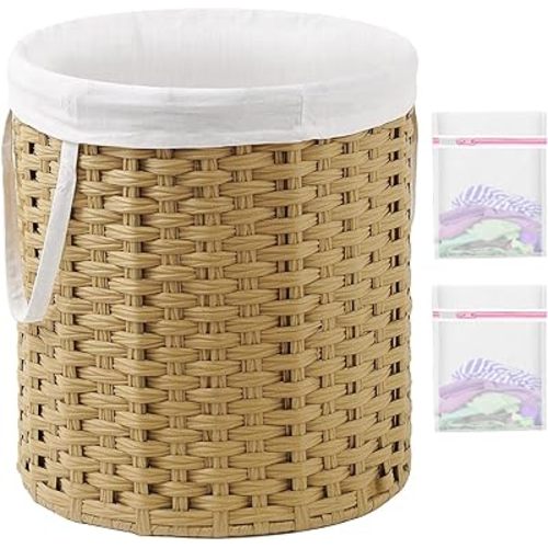 Laundry Hamper Round 26.5 Gal (100L) Handwoven Rattan Laundry Basket, Large Wicker Laundry Hamper with Removable Laundry Bag Handles 2 Mesh Bags for Bathroom Living Room Natural
