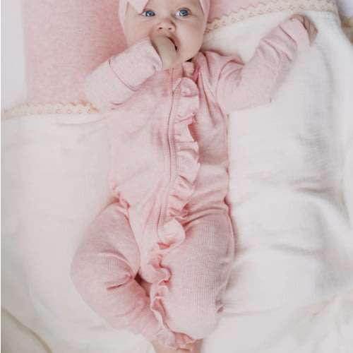 Frill Zip Romper | Baby Pink Marle Waffle – Little and Fern