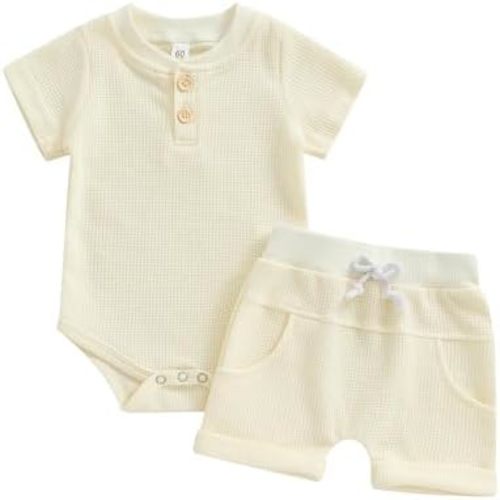 Kuriozud Newborn Baby Boy Summer Clothes Button Short Sleeve Romper Bodysuit Shorts Set Toddler Soft Waffle Outfit