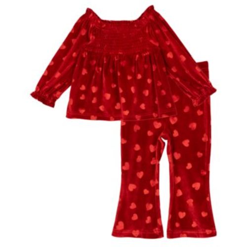 Baby Girl Heart Embossed Velvet Top And Pant, 2-Piece Set