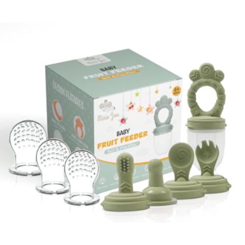 Minie Joo 7-in-1 Baby Food Feeder & Teether | 3 Pacifier Pouches | Infant Teething Toy & Self-Feeding Set(Green)