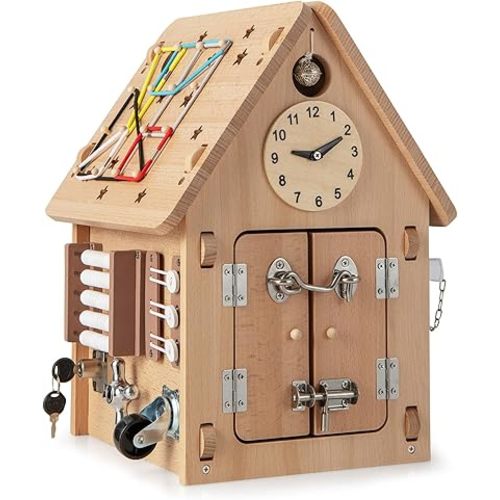Costzon Montessori Busy House Toy, Wooden Multi-Purpose Play House w/Interior Storage Space & Sensory Games for Fine Motor Skills, Educational Learning Toy for Boys & Girls Age 3 + (Log Color)