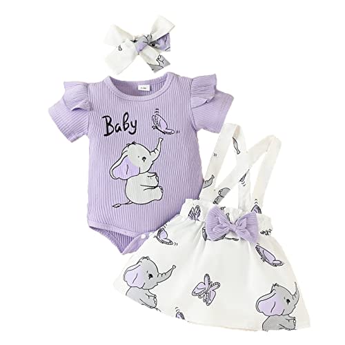 Newborn Baby Girl Summer Outfit Ruffle Sleeve Ribbed Romper Suspender Skirt Overall Dress Headband Clothes 3Pcs