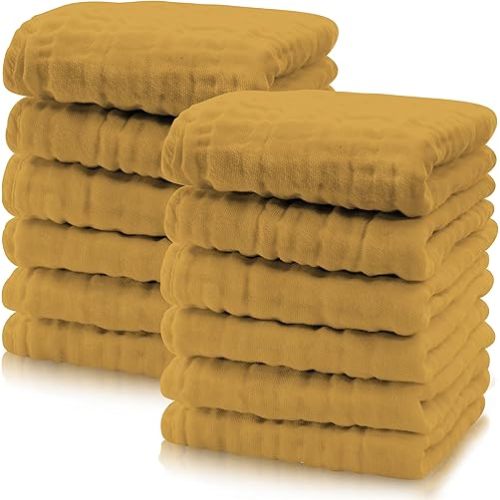 Cute Castle 12 Pack Muslin Baby Washcloths - Large 12'' by 12'' - Ultra Soft 100% Cotton - Super Absorbent Burp Cloths for Unisex, Boy, Girl -Honey