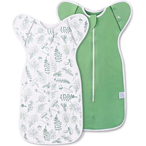 2-Pack Baby Transitional Swaddle Sleep Sack - Arms Up Swaddle 3-6 Months for Babies, Newborn Swaddle Sack with Cuff Removable Design, Green Leaves Swaddle with 2-Way Zipper
