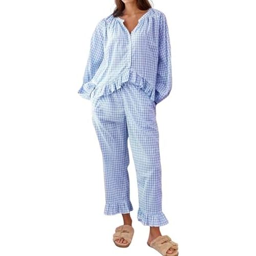 Wyeysyt Womens Gingham Pajamas Set 2 Piece Plaid Cotton Long Sleeve Babydoll Shirt and Ruffle Pants Y2K Pjs Lounge Set