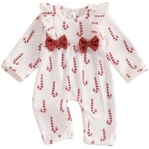 Newborn Baby Girl Christmas Outfit Waffle Knit Santa Candy Jumpsuit Romper Ruffle Bodysuit Long Overalls with Bow