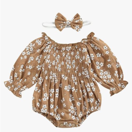 2pcs Infant Baby Girls Romper Dress Headband Long Sleeve Flowers Newborn Boho Girl Outfit Jumpsuit Clothes (Brown, 6-12 Months)