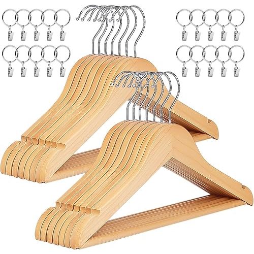 20 Pack Wooden Baby Hangers Wood Kids Hangers with Ring Clips for Closet Children Clothes Hangers with Pants Bar Shoulder Notches Swivel Hooks,12.5X 7.5 Inches