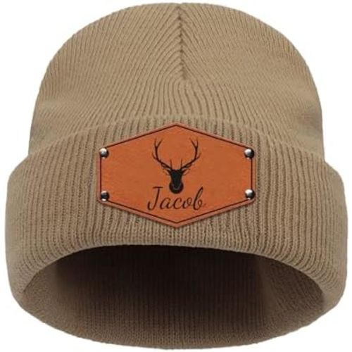 Custom Beanie Hat for Baby Boys Girls Personalized Leather Patch Toddler Beanie for Baby Adults Winter Kids Knit Hats
