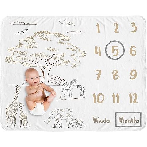 Sweet Jojo Designs Jungle Safari Animals Boy Girl Milestone Blanket Monthly Newborn First Year Growth Mat Baby Shower Memory Gift Picture Taupe Black White Gender Neutral Elephant Wildlife Adventure