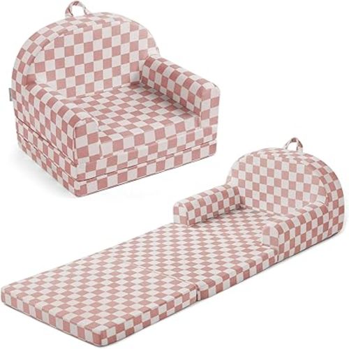 Blissful Diary Foldable Toddler Couch, 2-in-1 Comfy Toddler Chair & Lounger for Reading, Playroom, Kids Couch Sofa for Girls Boys Birthday Gift, Blush Checkered