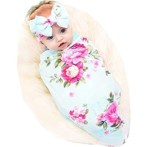 Galabloomer Receiving Blanket Headband Set Flower Print Baby Swaddle Blankets
