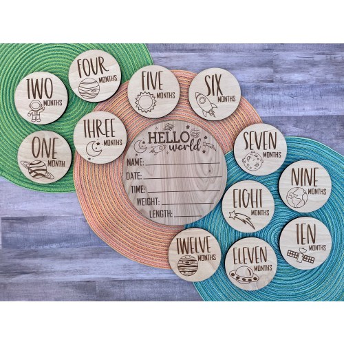 Space astronomy astronaut theme baby birth announcement hospital name and stat sign and monthly milestone markers, personalized baby shower