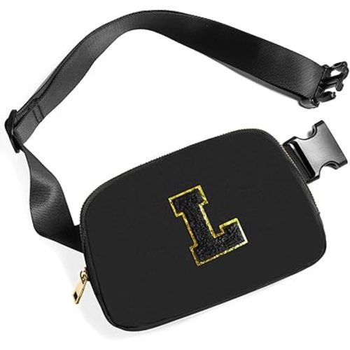 Belt Bag Fanny Pack Crossbody Bags with Initial Letter Patch Cute Stuff Birthday Gifts for Teenager Girls Trendy Preppy Stuff for Teen Girls Cool Stuff for Teens (Black-L)