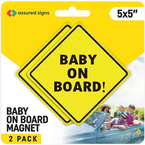 Baby On Board MAGNET Sign for Car - 2 Pack, 5" by 5" - Essential Magnetic Sticker for Bumper - Bright Yellow and Reflective - Best Safety Sign Accessories for Cars
