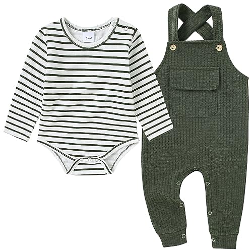 CARETOO Newborn Baby Boy Clothes Infant Boy Romper Fall Winter Outfits Bodysuit 2Pcs Striped Long Sleeve Top Overalls 0-18M