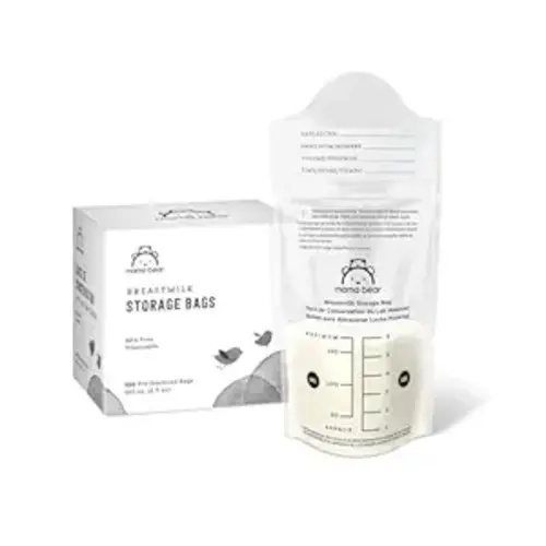 Amazon Brand - Mama Bear Breastmilk Storage Bags, Pre-Sterilized, BPA Free, Double Zips, for Refrigeration and Freezer Storage, 100 Count, 6 fl oz