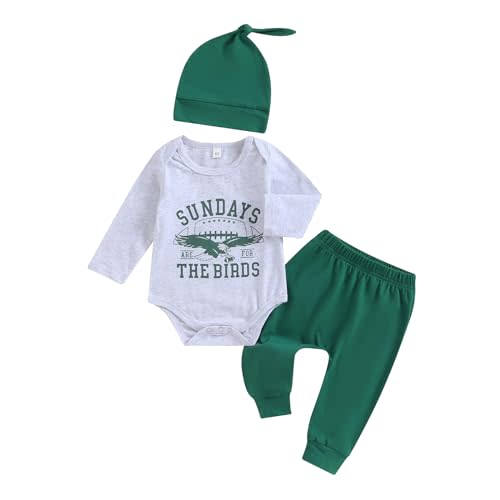BULINGNA 3Pcs Infant Baby Boy Football Outfit Sundays are for The Birds Romper Bodysuit Pants with Hat Fall Clothes