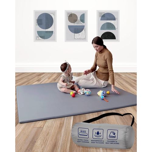 TODALE Waterproof Baby Play Mat Super Thick Baby Mat - Self-Inflating & Foldable for Nursery, Playpen & Outdoor Use (50" x 50" Gray)