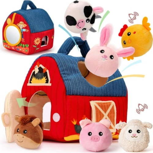 hahaland Baby Toys 6-12 Months - Soft Barn Toy with Stuffed Farm Animals, Rattle - Montessori Toys for Babies 6-12 Months Sensory Infant Toy for Toddlers 1 2 3 Year Old Boys Girls Baby Birthday Gifts